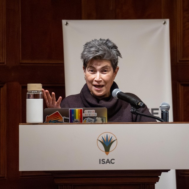 Professor Peggy Mason, Faculty Director of Science Communication and Public Discourse, addresses an audience at Parrhesia’s 2024-25 Science Communication Lecture Series.
